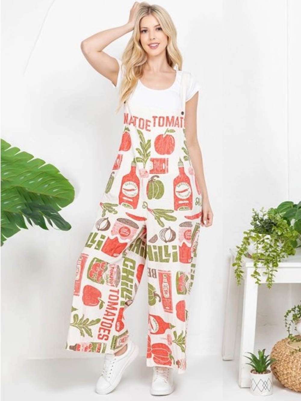 Tomato Print Wide-Leg Jumpsuit - White/Red/Green